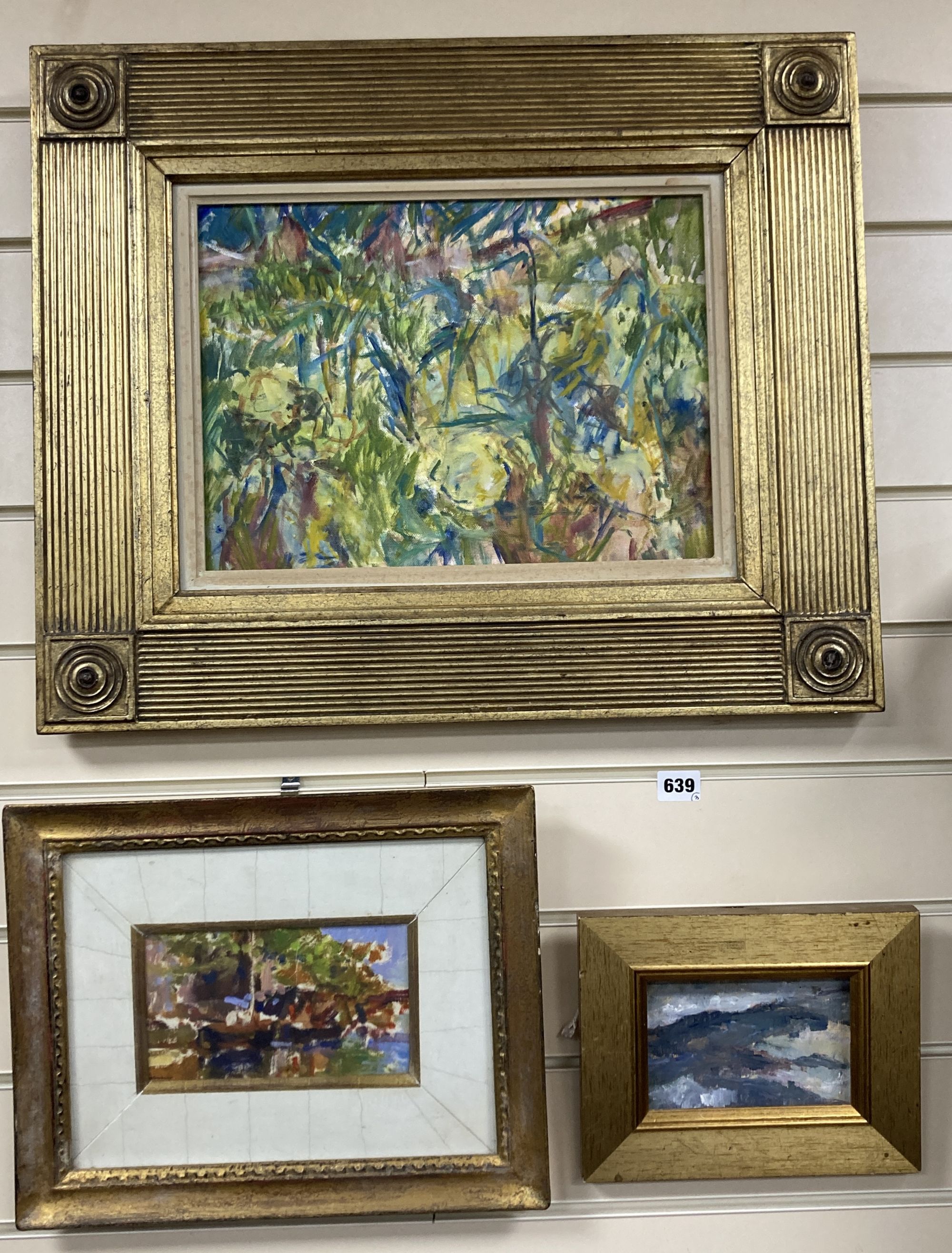 Three assorted modern oils, Flower study; Waterside boats and Hilltop, largest 26 x 36cm